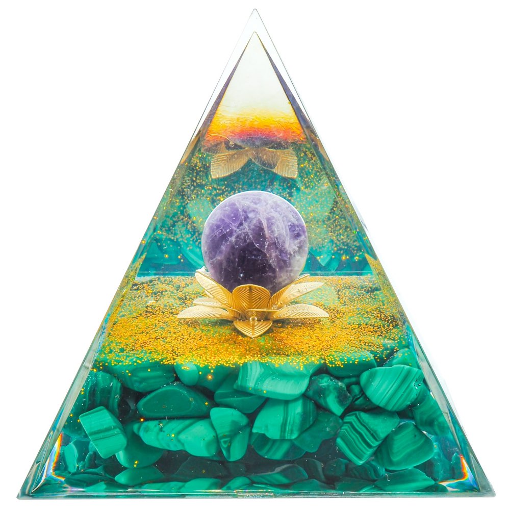 Pyramide Orgonite de Protection en Résine et Pierre Naturelle Sphère Améthyste + Malachite et Composants en cuivre - 8x8cm