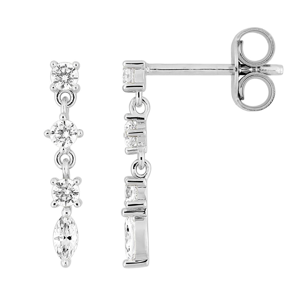 Boucles d'oreilles Pendantes Argent Rhodié 925/1000 Oxydes Blancs Ronds et Navette – Image 2