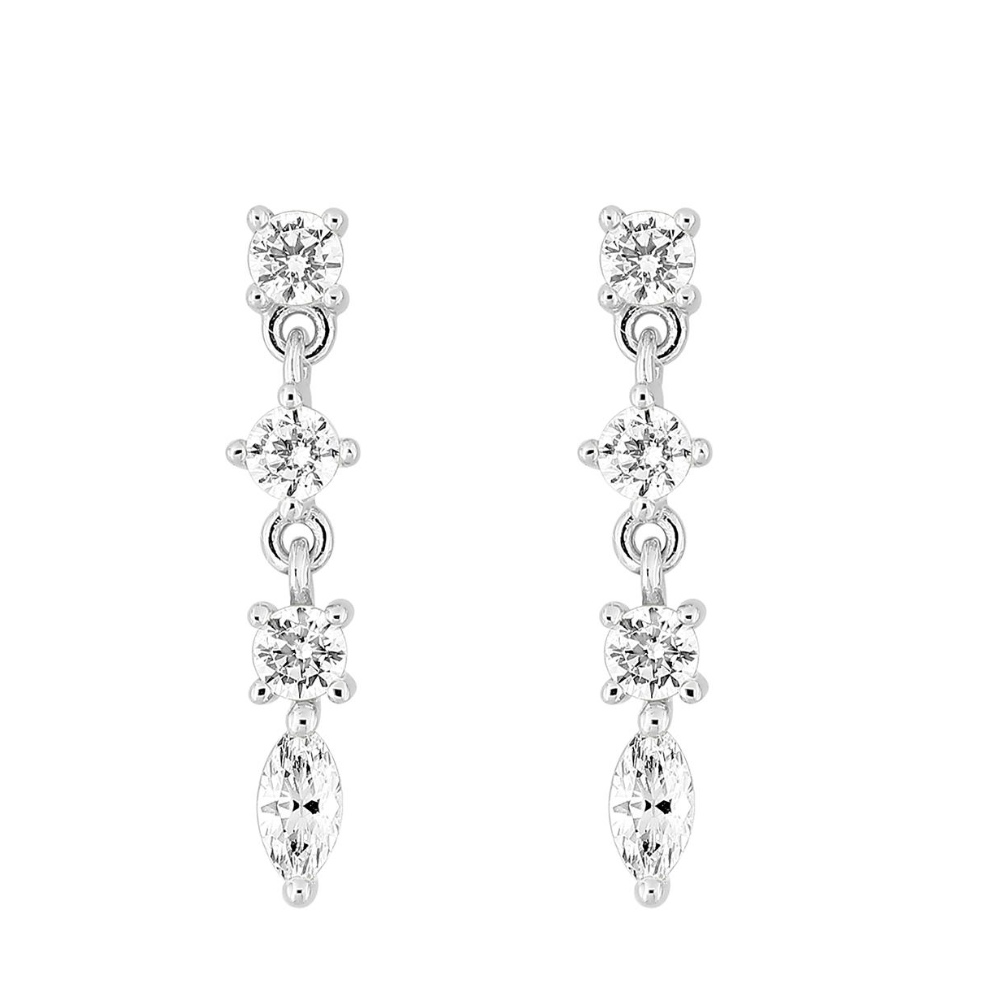 Boucles d'oreilles Pendantes Argent Rhodié 925/1000 Oxydes Blancs Ronds et Navette