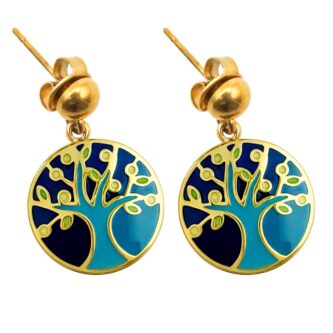 Boucles d'oreilles Acier Doré Arbre de Vie et Résine Multi-couleurs Diamètre 15mm