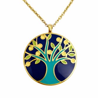 Collier Acier Doré Arbre de Vie et Résine Multi-couleurs Diamètre 36mm