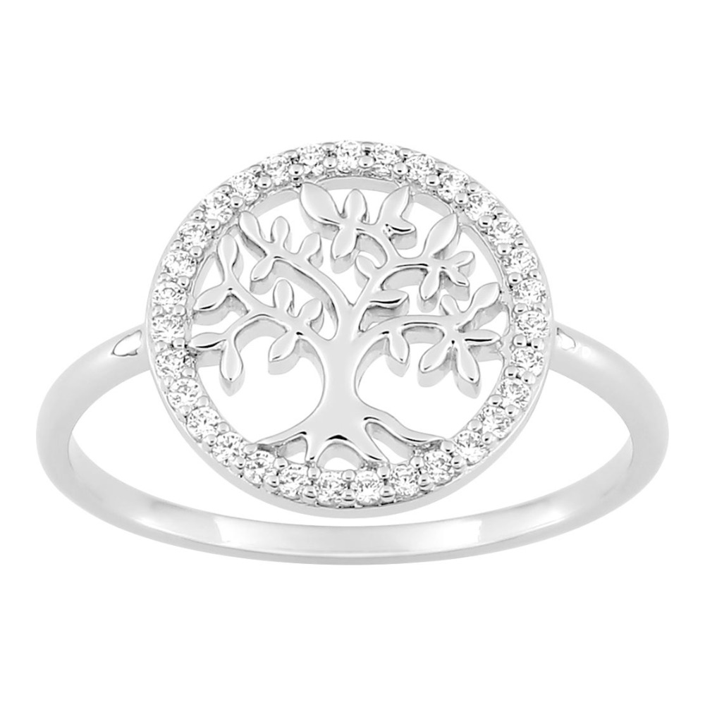 Bague Argent 925/1000 Rhodié Arbre de Vie et Entourage Oxydes Blancs