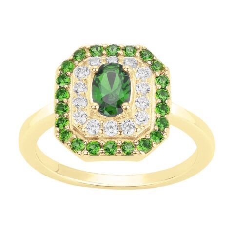 Bague Plaqué Or Jaune Octogonale Oxydes Verts et Blancs