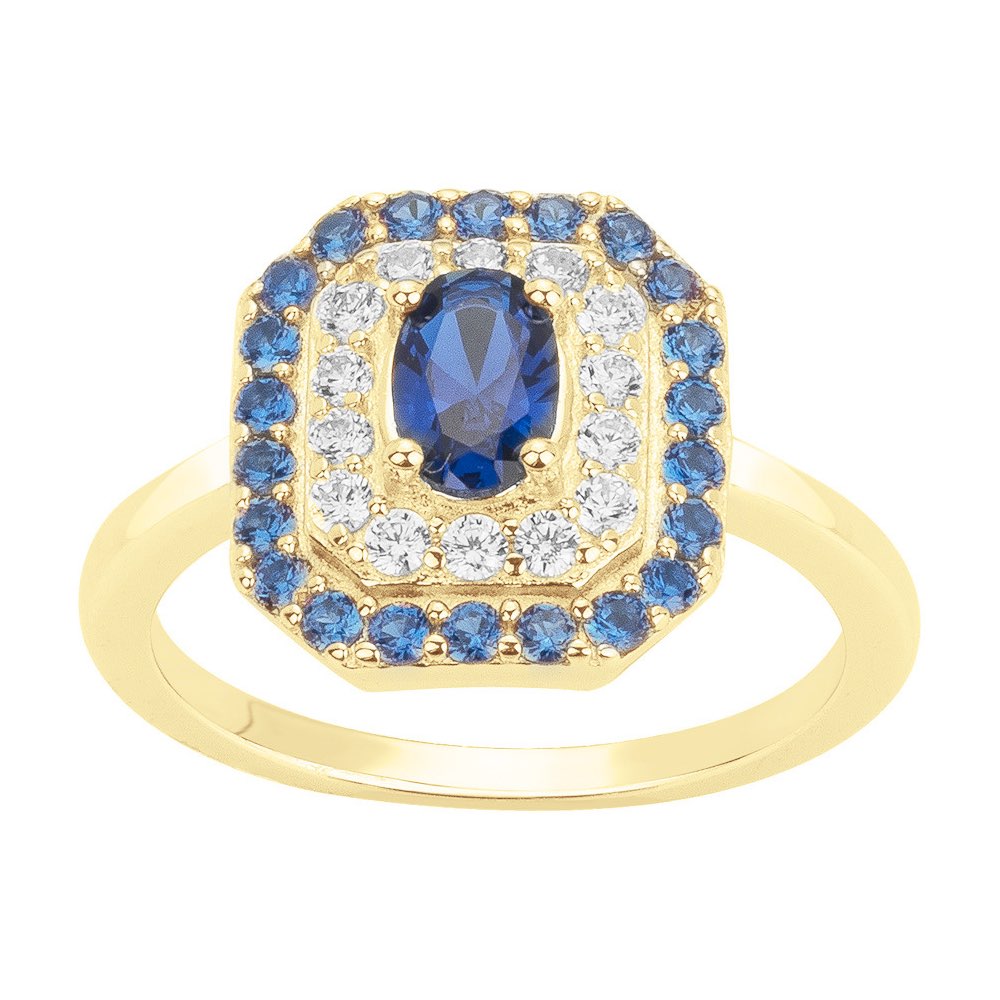 Bague Plaqué Or Jaune Octogonale Oxydes Bleus et Blancs