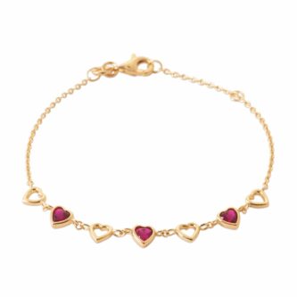 Bracelet Plaqué Or Motifs Coeur et Oxydes Rouge