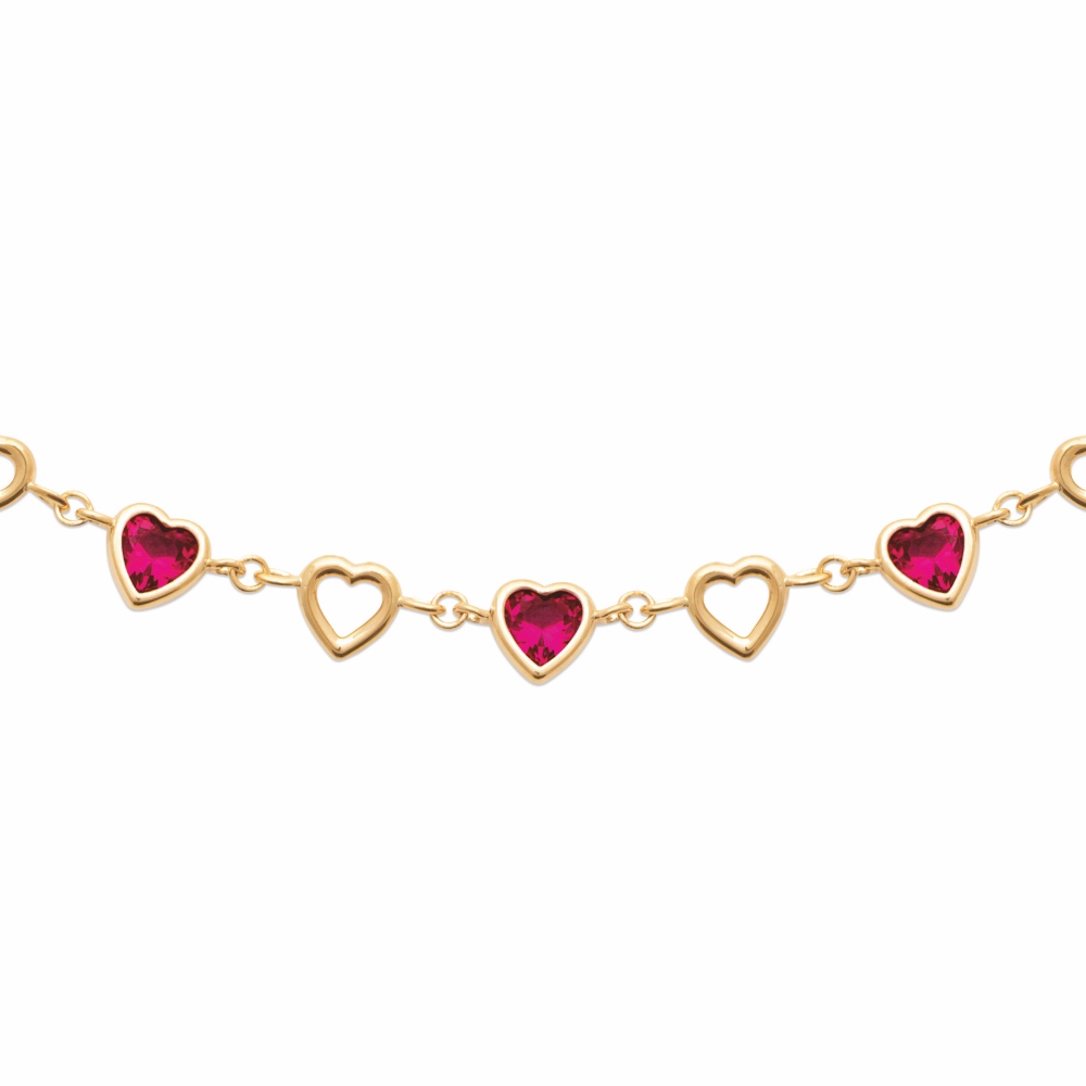 Collier Plaqué Or Jaune Motifs Coeur et Oxydes Rouge