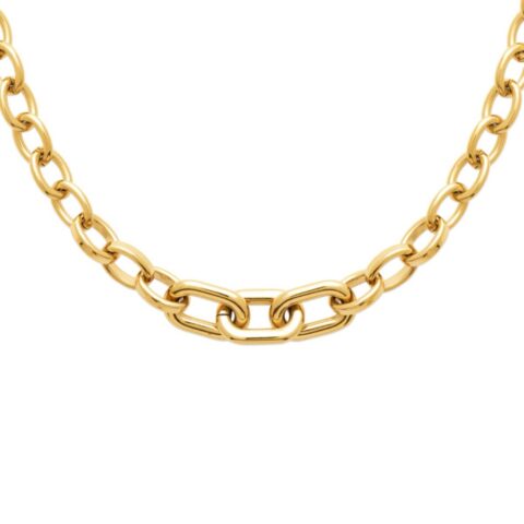 Collier Fashion Steel Grosses Mailles Acier Doré Motif Central Ovale Fil Rond 3.5mm