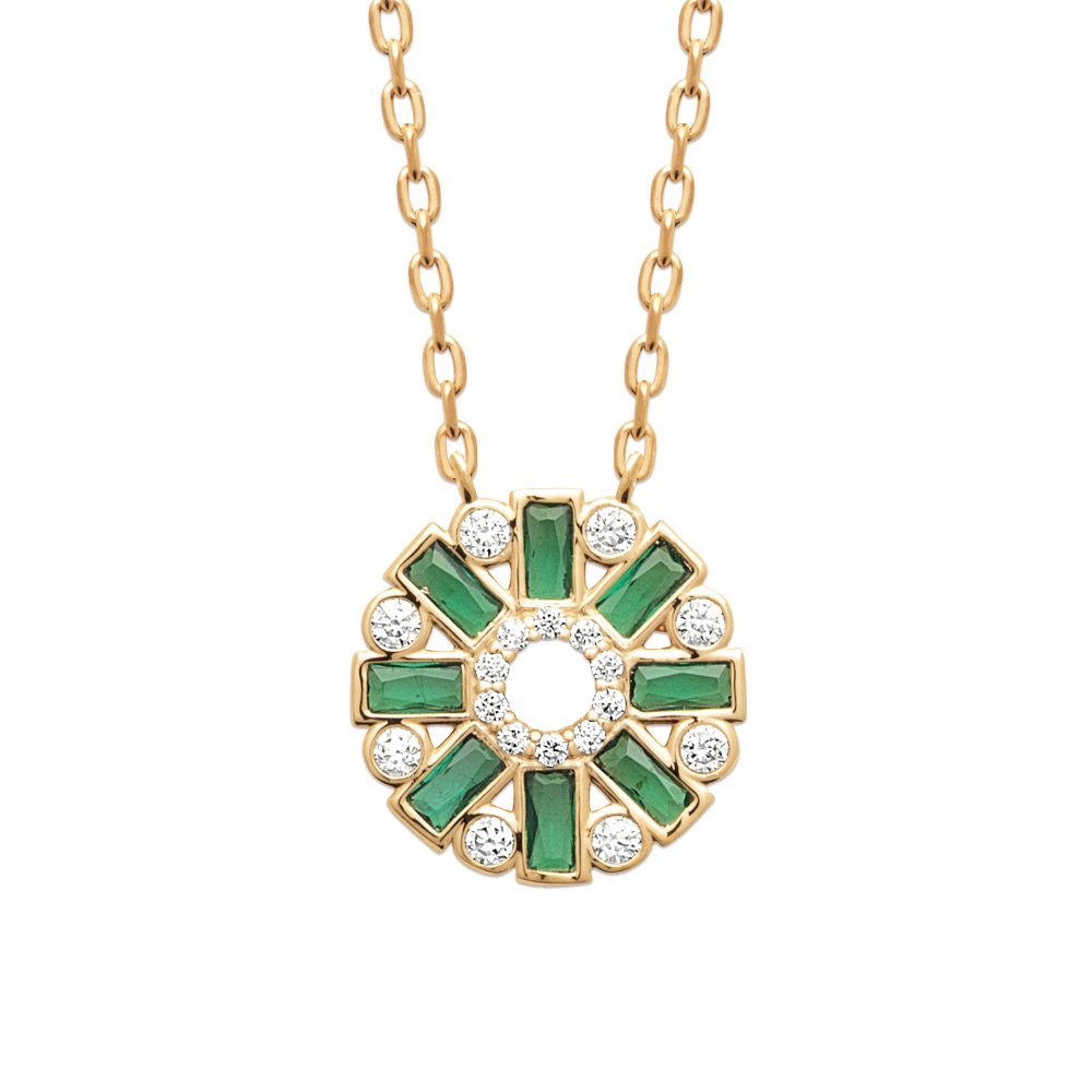 Collier Plaqué Or Jaune Rosace Oxydes Verts et Blancs Diamètre 11mm