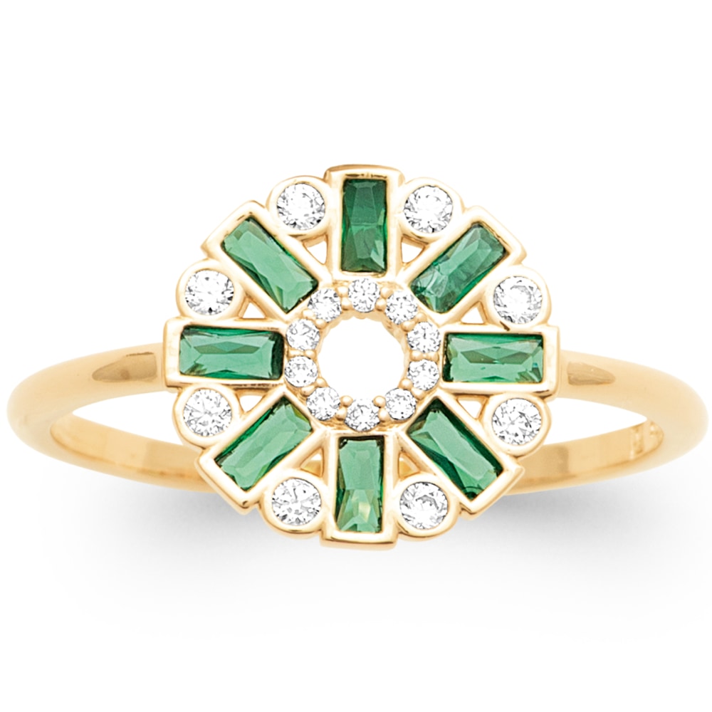 Bague Plaqué Or Jaune Ronde Oxydes Verts Taille Baguette et Oxydes Blancs – Image 2