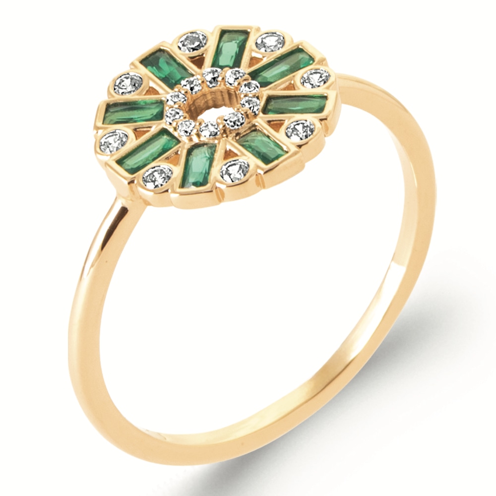 Bague Plaqué Or Jaune Ronde Oxydes Verts Taille Baguette et Oxydes Blancs