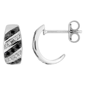 Demi Créoles Argent Rhodié 925/1000 Oxydes Blancs et Noirs 12mm