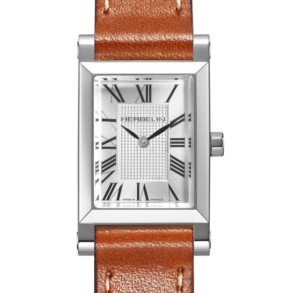 Montre Femme Herbelin Acier Antarès Cadran Argenté Clous de Paris Bracelet Cuir Marron A17344AP01C02