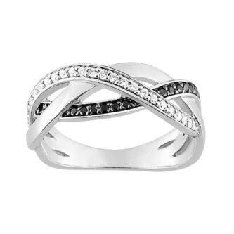 Bague Argent 925/1000 Rhodié Croisée Pavage Oxydes Blancs et Noirs - 54