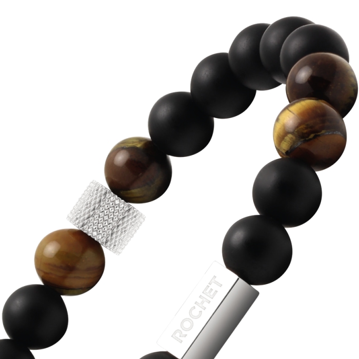 Bracelet Homme Rochet Zen 8mm Acier et Perles Agate Noire et Oeil de Tigre HP9183 – Image 2