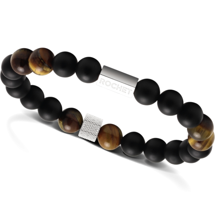 Bracelet Homme Rochet Zen 8mm Acier et Perles Agate Noire et Oeil de Tigre HP9183