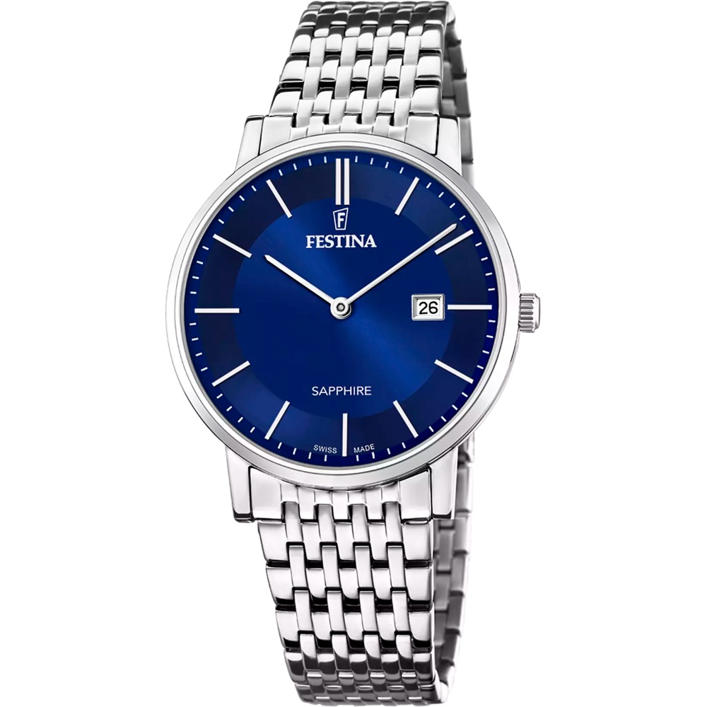 Montre Homme Festina Swiss Made Acier Cadran Bleu Bracelet Acier Verre Saphir F20018/2
