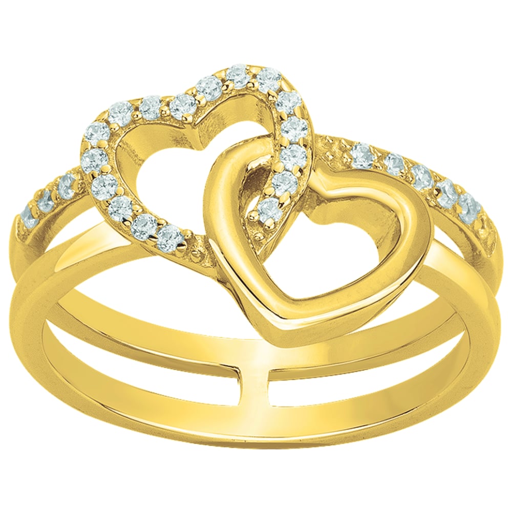 Bague Plaqué Or Jaune Double Coeur Entrelacés et Pavage Oxyde