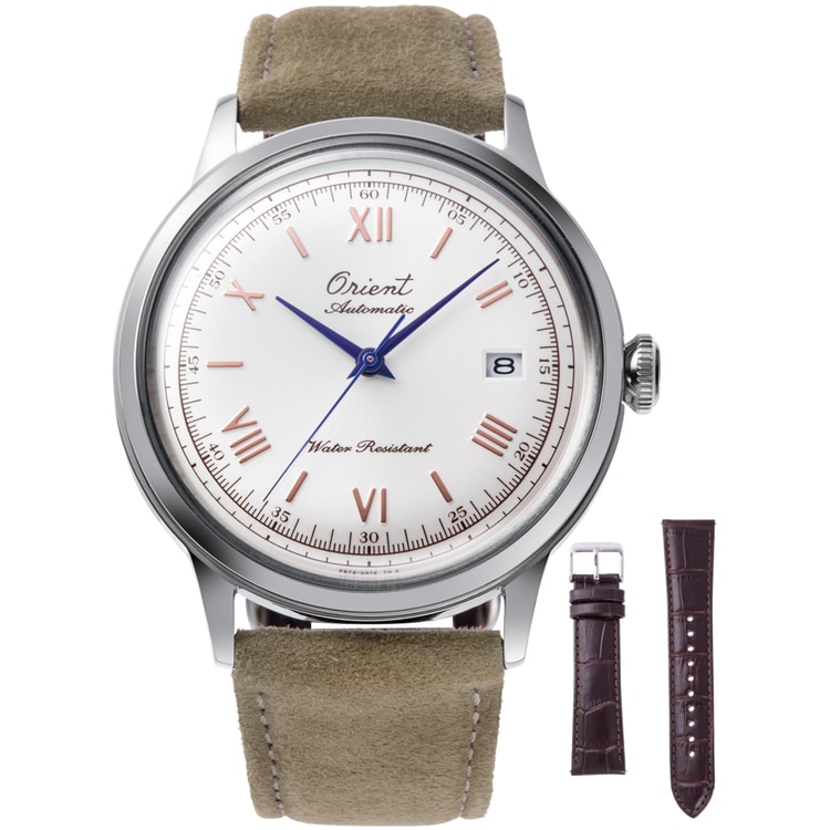 Montre Homme Orient Automatique Bambino Acier 40.5mm Cuir Marron Cadran Blanc Édition Limitée 75E Anniversaire RA-AC0027S