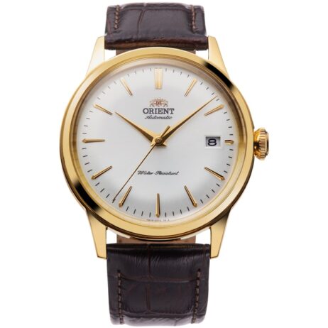 Montre Orient Automatique Bambino Acier Doré 38mm Cuir Marron Cadran Blanc RA-AC0M01S
