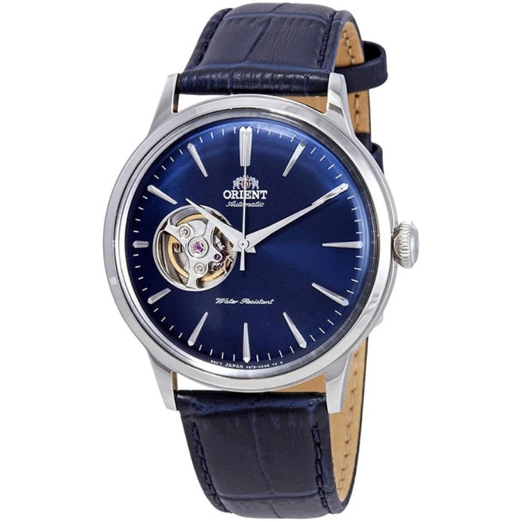 Montre Homme Orient Automatique Bambino Acier Open Heart 40.5mm Cuir Bleu Cadran Bleu RA-AG0005L