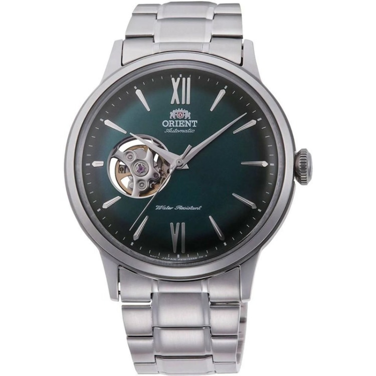 Montre Homme Orient Automatique Bambino Acier Open Heart 40.5mm Bracelet Acier Cadran Vert RA-AG0026E