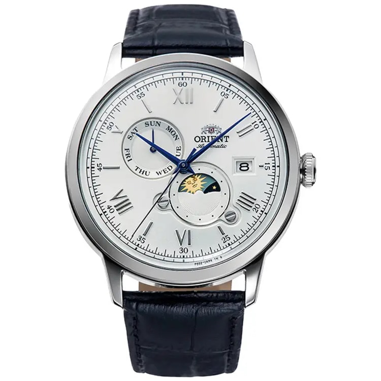 Montre Homme Orient Automatique Sun & Moon Acier 41.5mm Cuir Bleu Cadran Blanc RA-AK0802S