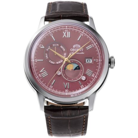 Montre Homme Orient Automatique Sun & Moon Acier 41.5mm Cuir Marron Cadran Rouge RA-AK0807R