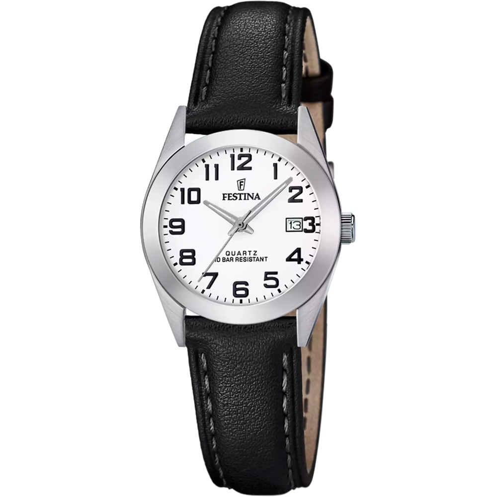Montre Festina Femme Bracelet Cuir Noir Fond Blanc F20447/1