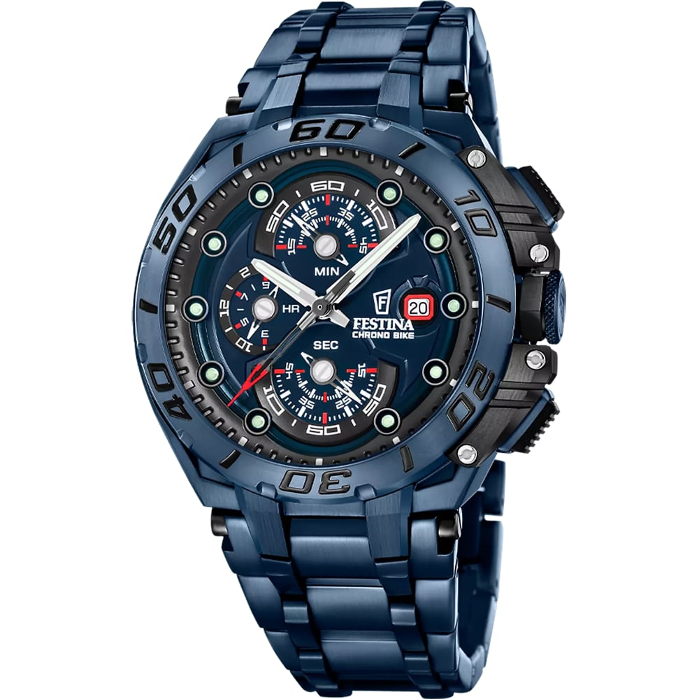 Montre Festina Homme Acier Chrono Bike Cadran Bleu Bracelet Acier + Caoutchouc F20757/1