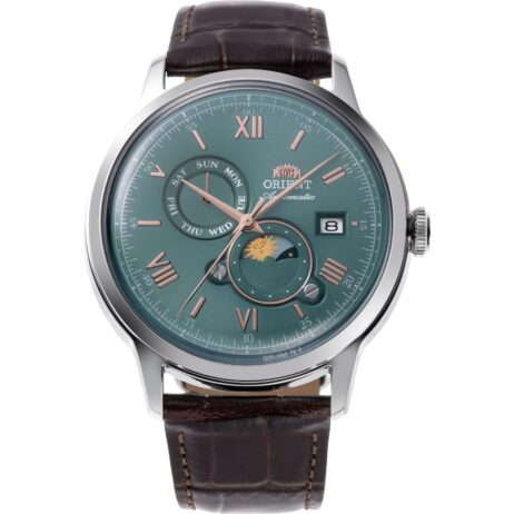 Montre Homme Orient Automatique Sun & Moon Acier 41.5mm Cuir Marron Cadran Vert RA-AK0805E