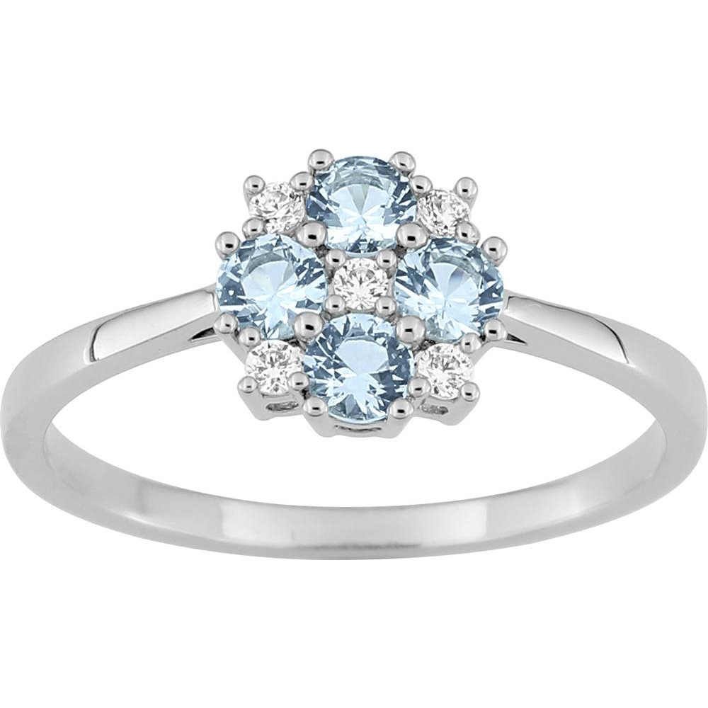 Bague Argent 925/1000 Rhodié Pompon Oxydes Sertis Griffes Bleu Clair et Blanc