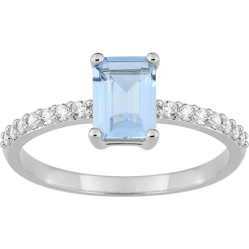 Bague Argent 925/1000 Rhodié Oxyde Octogonal Bleu Clair 7x5mm et Oxydes Blancs