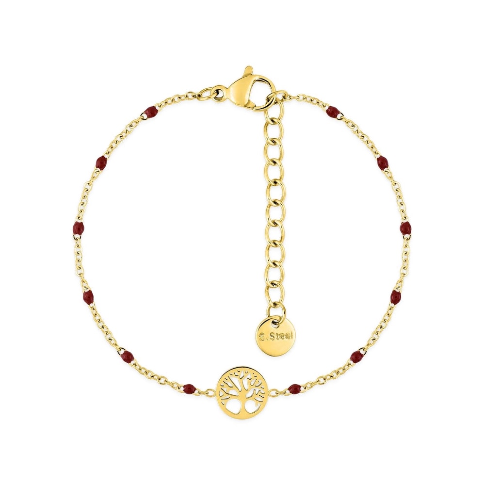 Bracelet Fashion Steel Acier Doré Motif Arbre de Vie et Résine Rouge
