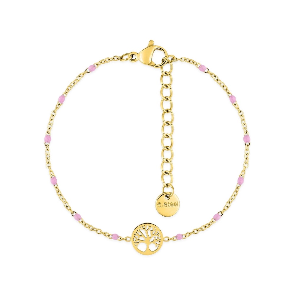 Bracelet Fashion Steel Acier Doré Motif Arbre de Vie et Résine Rose