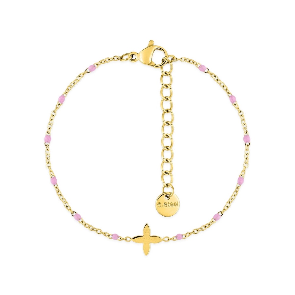 Bracelet Fashion Steel Acier Doré Motif Croix et Résine Rose