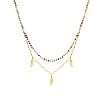 Collier Fashion Steel Acier Doré Double Rang Perles de Miyuki Multicolores et Plumes