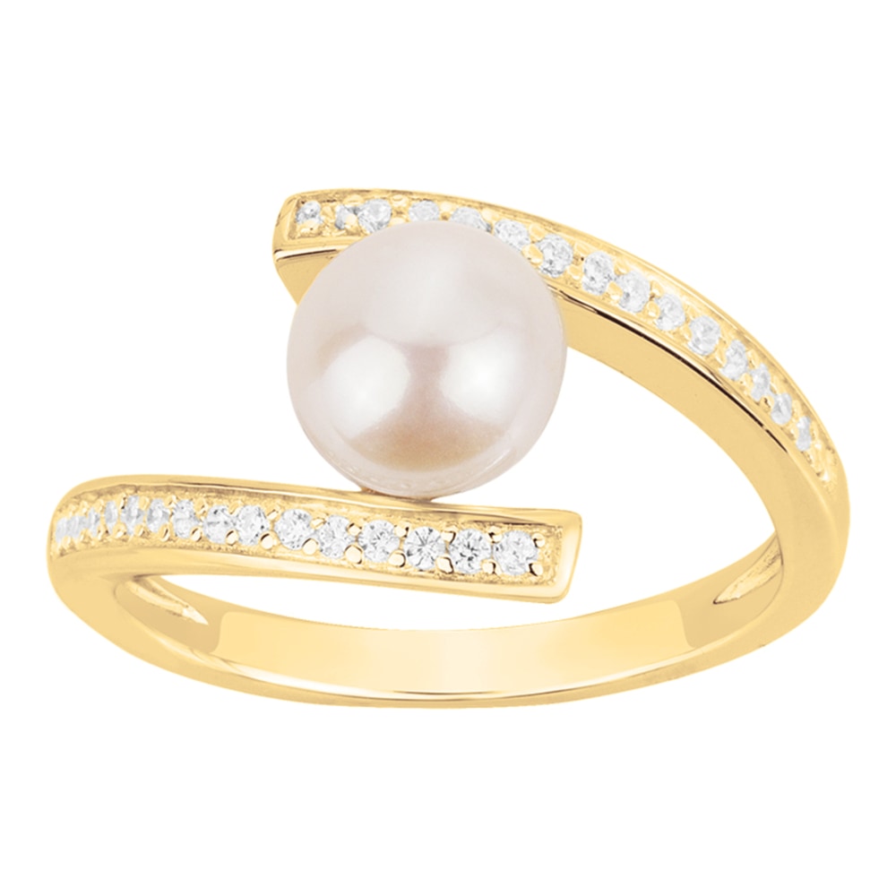 Bague Plaqué Or Jaune Perle de Culture 7mm et Oxydes Serti Rail