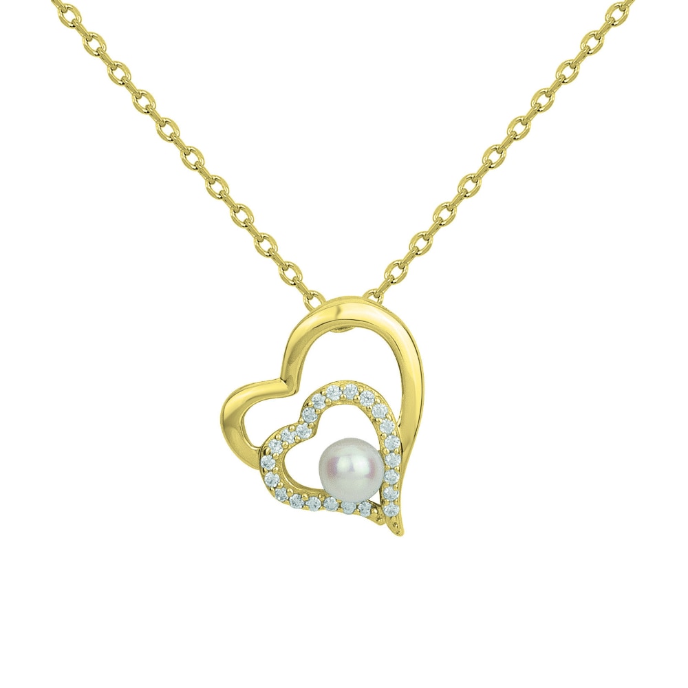 Collier Pendentif Plaqué Or Jaune Double Coeur Perle de Culture 4mm et Pavage Oxydes