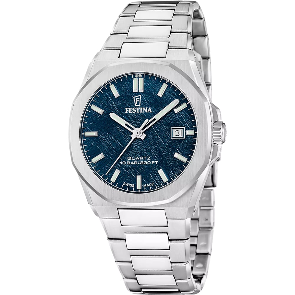 Montre Festina Swiss Made Homme Acier Cadran Texturé Bleu Bracelet Acier Verre Saphir F20100/4