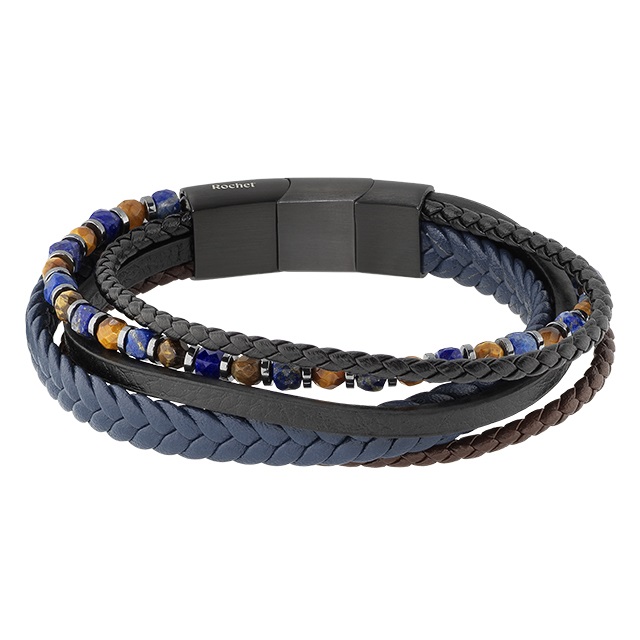 Bracelet Rochet Homme Endor Simili Cuir Tressés Noir, Marron, Bleu Perles Lapis et Oeil de Tigre Facettés HB971326