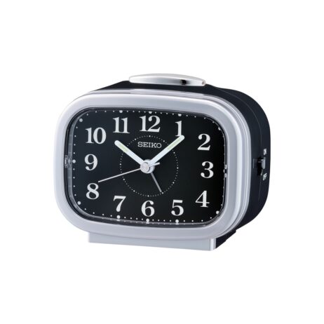 Réveil Seiko Contour Argenté et Noir Cadran Noir Chiffres Blanc QHK060A
