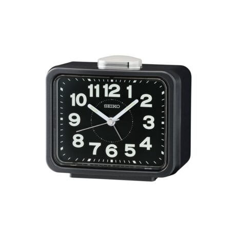 Réveil Seiko Rectangulaire Contour Noir Métallisé Cadran Noir Chiffres Blancs QHK062K