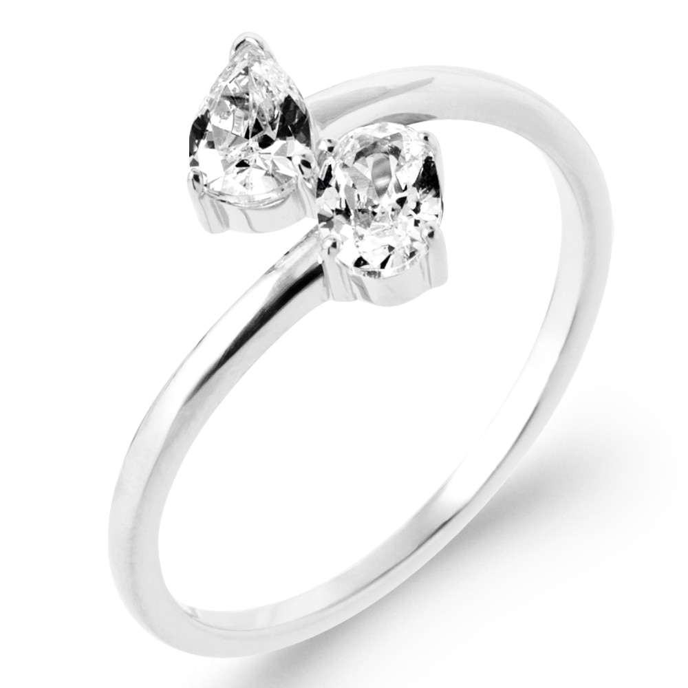 Bague Argent 925/1000 Rhodié Toi & Moi Oxyde Blanc Ovale et Forme Poire – Image 2