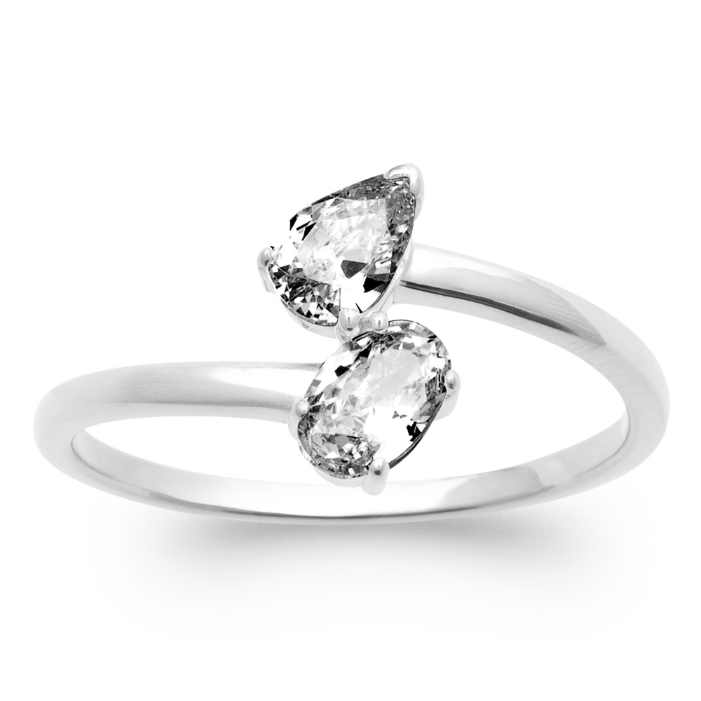 Bague Argent 925/1000 Rhodié Toi & Moi Oxyde Blanc Ovale et Forme Poire