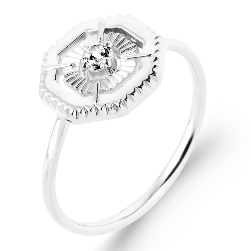 Bague Argent 925/1000 Rhodié Octogonale Oxyde Blanc Central Serti 4 griffes – Image 2