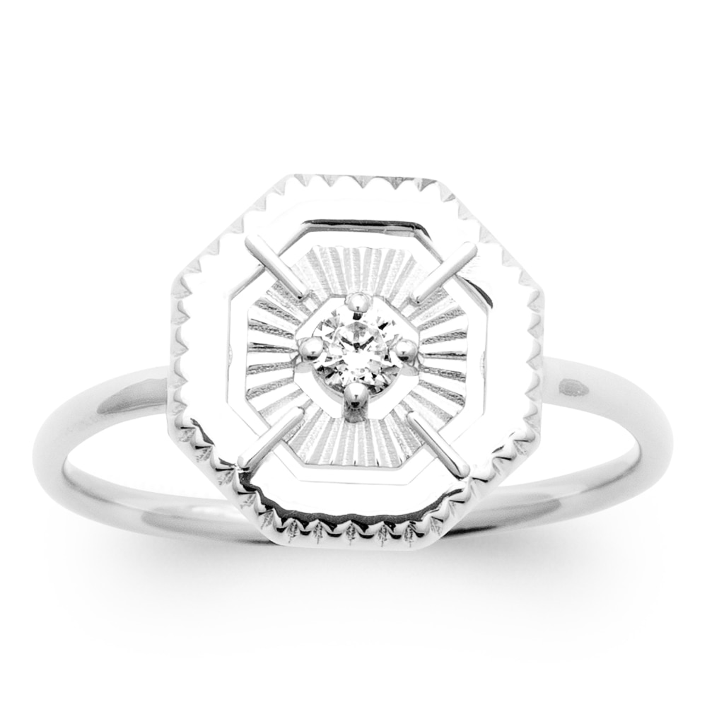 Bague Argent 925/1000 Rhodié Octogonale Oxyde Blanc Central Serti 4 griffes