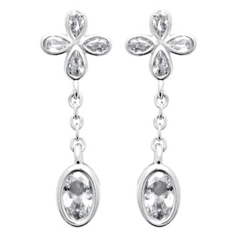Boucles d'oreilles Argent Rhodié 925/1000 Pendantes Trefle et Oxyde Blanc Ovale Serti Clos