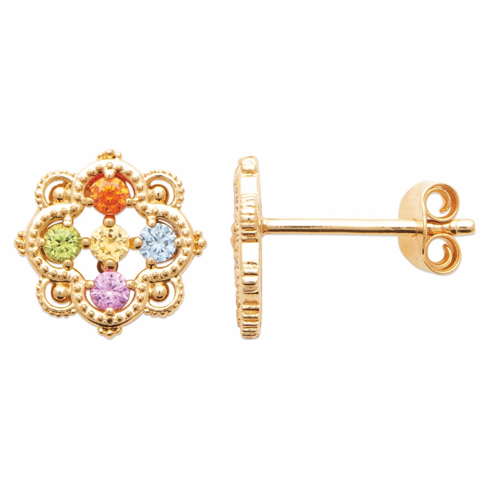 Boucles d'oreilles Plaqué Or Jaune Motifs Perlés et Oxydes Ronds Multicolore – Image 2