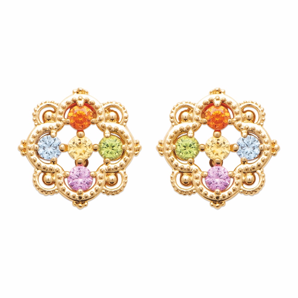 Boucles d'oreilles Plaqué Or Jaune Motifs Perlés et Oxydes Ronds Multicolore