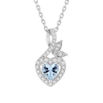 Collier Argent Rhodié 925/1000 Coeur Oxyde Bleu Clair et Pavage Oxydes Blancs
